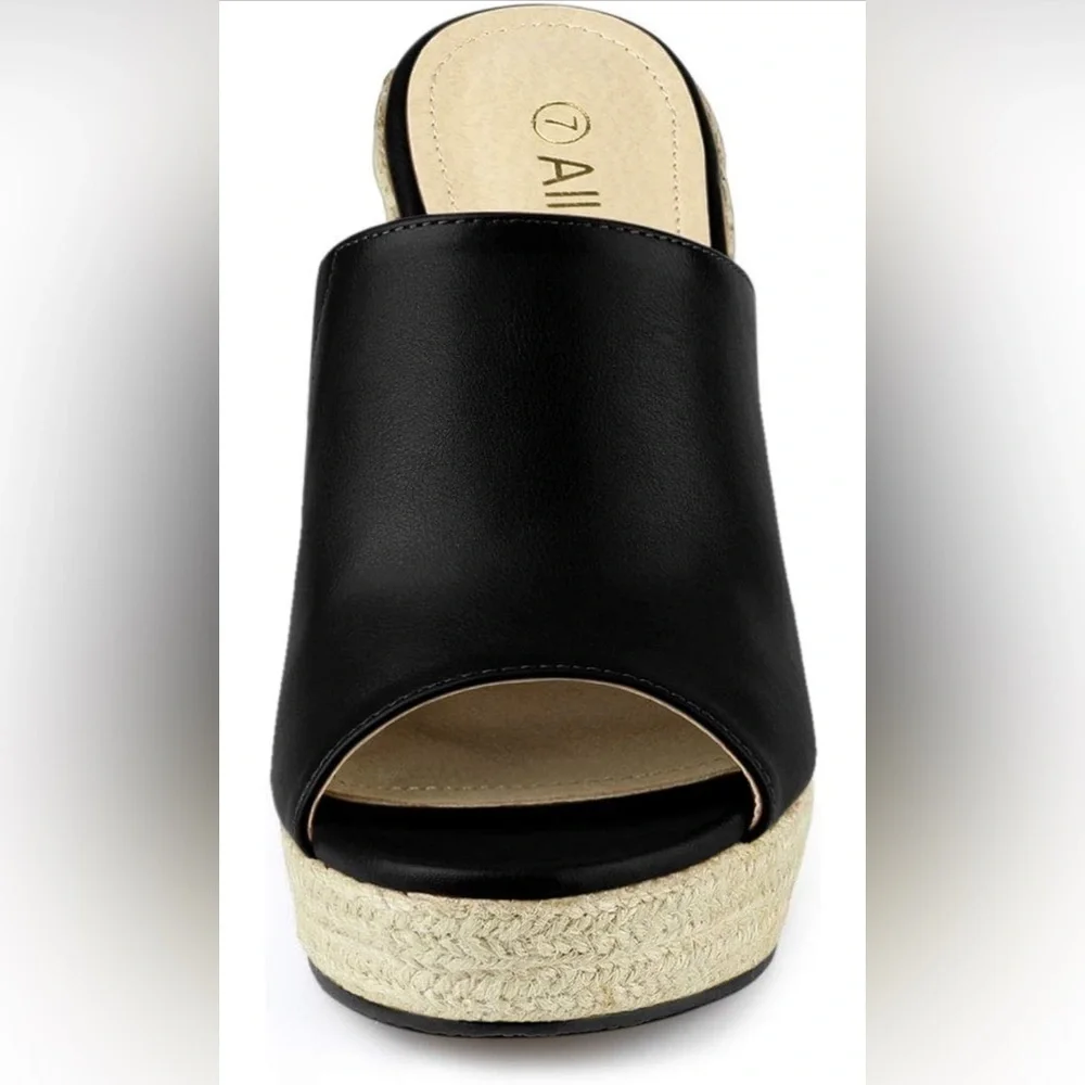 Allegra K Slip on Platform Sandals Espadrilles Wedges Slides Mules, Black 9